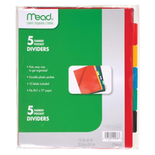 Mead Tab Dividers with Pocket, 3 Hole Punch, Fits 3 Ring Binder, Assorted Colors, 5 Pack (20038) 1 Pack