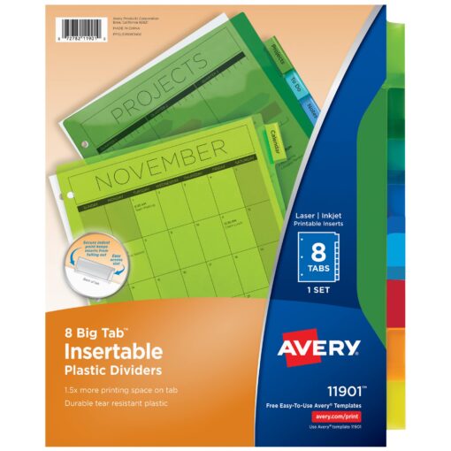 Avery Plastic 8-Tab Binder Dividers, Insertable Multicolor Big Tabs, 1 Set (11901)