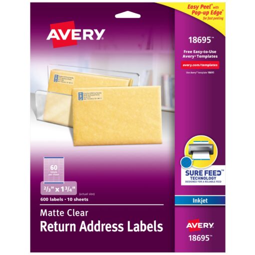 Avery Printable Return Address Labels with Sure Feed, 2/3" x 1-3/4", Matte Clear, 600 Blank Mailing Labels (18695)