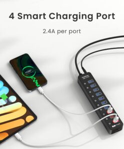vantisan Powered USB 3.0 hub, 11-Port USB Hub Splitter Extension 7 USB 3.0 Data Ports + 4 Smart Charging Ports with Separate LED On/Off Switches and 12V/3A Power Adapter for USB Devices. black 33 71bv2GLi5rL