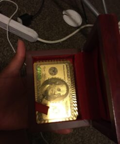 Deck of 24k Gold Foil Plating Poker Plastic Playing Cards with Mahogany Wood Box Includes Certificate of Authenticity Double Sided Color Printed Rendered Etching $100 Benjamin Franklin Logo Design 29 71c5qKCzcQL