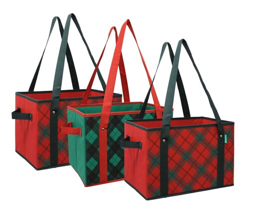 Earthwise Deluxe Collapsible Reusable Shopping Box Grocery Bag Set with Reinforced Bottom Plaid Holiday Xmas Christmas Design Storage Boxes Bins Cubes (Set of 3) (Holiday) Green