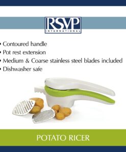 RSVP International (SPUD) Potato Ricer, White/Green | Mash Potatoes, Fruits, Vegetables & More | Includes Medium & Coarse Plates | Pot Resting Extension | Dishwasher Safe 23 71cBiNp QS