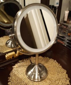 VESAUR 10" Extra Large and 17" Tall Lighted Makeup Mirror, 1X/5X Magnifying Vanity Mirror with 3 Colors Dimmable, 52 Premium LED Lights, 360° Rotation Table Mirror 2 Power Supply, Pearl Nickel XX-Large 55 71cEhLwBhL