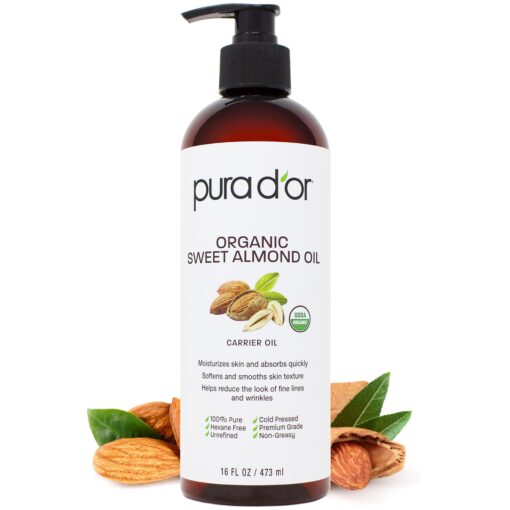 PURA D'OR 16 Oz Organic Sweet Almond Oil - 100% Pure & Natural USDA Certified Cold Pressed Carrier Oil - Hexane Free - Facial Polish, Full Body, Massages, DIY Base, For Face Skin & Hair, Men & Women