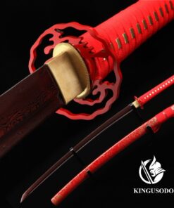 Alternative view of kingusodo Katana Sword, Pattern Steel Real Battle Ready Red Katana Full Tang with Sheath