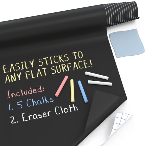 Kassa X-Large Chalkboard Wallpaper - Clear | 1.4ft x 6.5ft Adhesive Paper Roll | Includes 3 Markers & Eraser Cloth | Peel & Stick on a Wall, Table & Desk | Ideal for Use at Home, School, Office & More Black