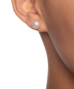HinsonGayle Genuine 8.0-8.5mm White Button Freshwater Cultured Pearl Stud Earrings (Sterling Silver) 9 71cM30S 7WL