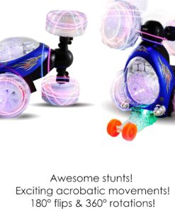 Haktoys Remote Control Stunt Car Radio Control Invincible Tornado Truck Rechargeable with Flashing Lights and Quiet Play Mode Tumbling and Spinning Action RC Car for Kids Blue 24 71cSt7MkyCL