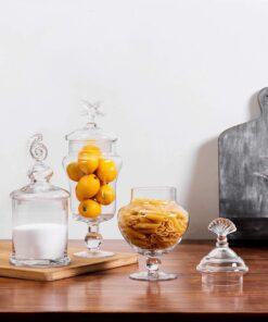 MyGift Clear Glass Apothecary Jars with Lid, Decorative Seashell Design Bathroom Canister, Footed Candy Buffet Containers, Set of 3 24 71cZLUU2rGL