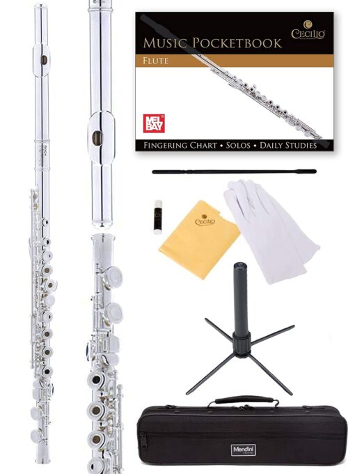 ﻿Mendini By Cecilio Flutes - Closed Hole C Flute For Beginners, 16-Key Flute with a Case, Stand, Lesson Book, and Cleaning Kit, Musical Instrument for Kids, Silver Plated