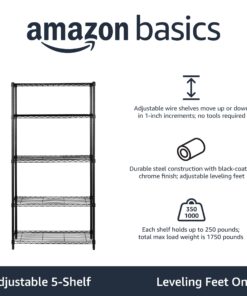 Amazon Basics 5-Shelf Adjustable, Heavy Duty Storage Shelving Unit (350 lbs loading capacity per shelf), Steel Organizer Wire Rack, Black, 36" L x 14" W x 72" H No Wheels 29 71codf9VRaL