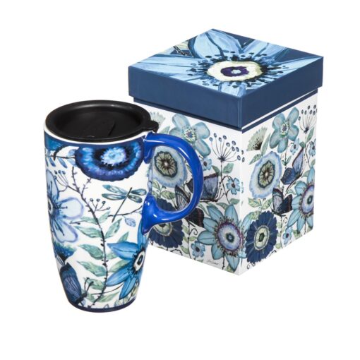 Shades of Indigo Flowers and Butterflies Ceramic Travel Coffee Mug 17oz 1