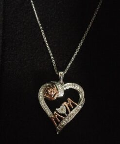 Jewelili Open Heart Mom Script and Rose Necklace Pendant in 14K Rose Gold Over Sterling Silver with Round Diamonds and 18 inch Rolo Chain 21 71d pawtvIL