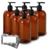 Baire Bottles 16 oz Empty Refillable Plastic Pump Bottles Dispenser 6 Pk PET BPA Free Refillable Containers Shampoo Lotion Oil Soap Waterproof Labels USA (Amber/Brown with Black Pump, Damask Labels) Amber/Brown With Black Pump, Damask Labels