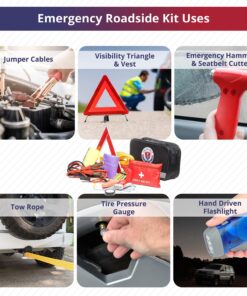 Roadside Assistance Emergency Car Kit - First Aid Kit, Jumper Cables, Tow Strap, led Flash Light, Rain Coat, Tire Pressure Gauge, Safety Vest and More Ideal Winter Accessory for Your Car (Black) Black 11 71d6p9xUaAL