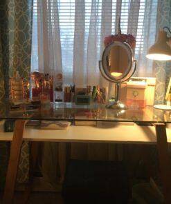 bonVIVO Massimo Small Desk - 43 Inch, Modern Computer Desk for Small Spaces, Living Room, Office and Bedroom - Study Table w/Glass Top and Shelf Space - White White/Glass 43" Desk 53 71d7RsEkYiL