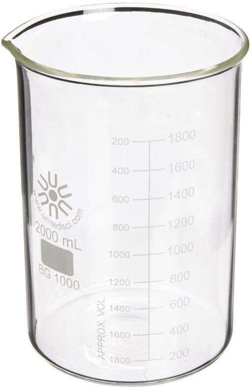 United Scientific™ BG1000-2000 Borosilicate Laboratory Grade Glass Beakers | Griffin Style Low Form Beaker | Graduated with Spout | Designed for Laboratories & Chemistry Classrooms | 2,000mL | 1 Each