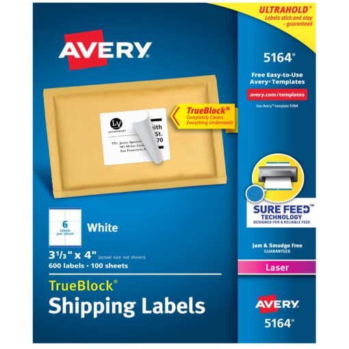 Avery Printable Shipping Labels with Sure Feed, 3-1/3" x 4", White, 600 Blank Mailing Labels (5164) 600 labels