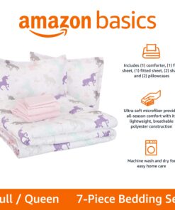 Alternative view of Amazon Basics Kid's Easy Care Microfiber Bed-in-a-Bag 7-Piece Bedding Set, Full/Queen, Purple Unicorns, Solid & Printed