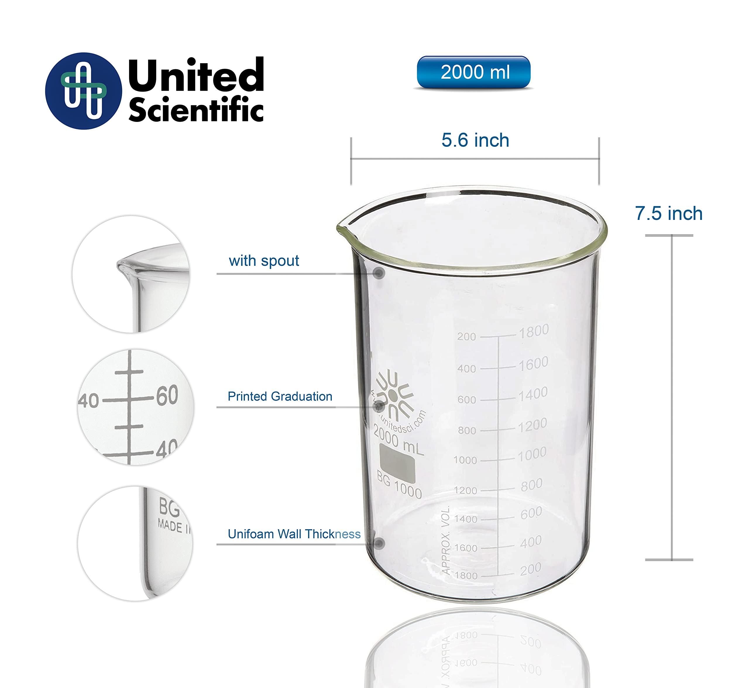 United Scientific™ Bg1000 2000 Borosilicate Laboratory Grade Glass Beakers Griffin Style Low 1352