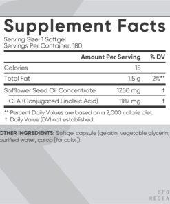 Sports Research CLA - 1250mg with Active Conjugated Linoleic Acid for Men and Women | Non-GMO, Soy & Gluten Free - 95% (180 Softgels)… 180 Count (Pack of 1) 95% CLA 20 71dJ0U82ZfL