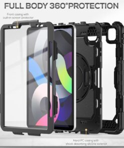 SEYMAC iPad Air 5th/ 4th Generation Case 10.9 Inch, Full-Body Shockproof Protective with Screen Protector, 360° Rotating Stand/Handle/Shoulder Strap/Pencil Holder, Black For iPad Air 5th/4th Generation 29 71dQAISBLtL