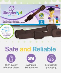 Alternative view of Adjustable & Reusable Child Safety Cabinet Locks & Latches, Baby Proofing Door Window, Cabinet, Toilet, & Refrigerator Lock, Child Safety Strap Locks with Adhesive Pads, Pack of 6, Brown - Wonderkid