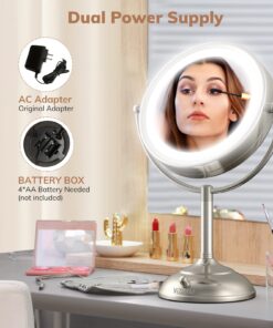 VESAUR 10" Extra Large and 17" Tall Lighted Makeup Mirror, 1X/5X Magnifying Vanity Mirror with 3 Colors Dimmable, 52 Premium LED Lights, 360° Rotation Table Mirror 2 Power Supply, Pearl Nickel XX-Large 35 71dUwZ5BS9L