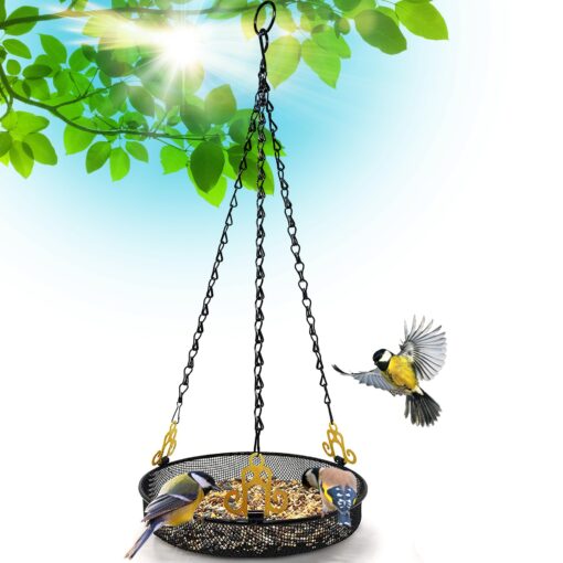 Hanging Bird Feeder Tray with Strong Double-Loop Hanging Chains Steel Hanging Platform Bird Feeder Dish 9.25 Inch (Dia) with 19 Inch Chains, Gifts for Mom, for Women 1 Pack Round