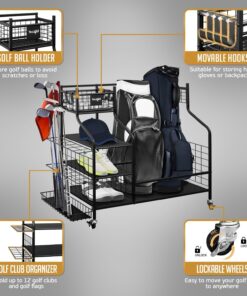 Yes4All Golf Bags Storage Garage Organizer, Golf Club Storage Stand and Lockable Wheels for Garage Indoor Basement, Extra Rack for Golf Clubs and Other Golfing Equipment Black 12 71dcmXxUhaL