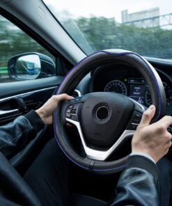 Rueesh Microfiber Leather Steering Wheel Cover Anti-Slip Matte Finish Auto Car Wheel Cover Universal 15 Inch Wheel Cover for Car Embossing Pattern Blue Line M (14.5"-15" Diameter) 26 71dlTo uDzL