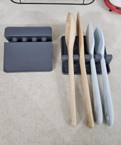 Silicone Spoon Rest for Stove Top with Drip Pad (Two Pack) - Heat Resistant, BPA Free Utensil Rest & Spoon Holder for Kitchen Counter - Grill Utensil Holder for Spatulas, Tongs, Ladles - Grey Medium - 2 Packs Gray 31 71dwz37Rn2L