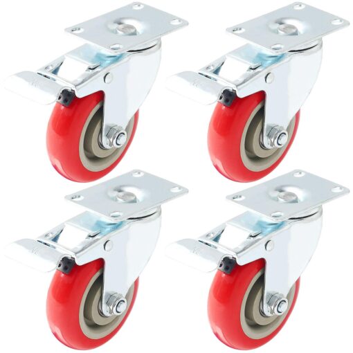 Online Best Service 4 Pack Caster Wheels Swivel Plate On Red Polyurethane Wheels (4 inch with Brake) 4 inch with Brake