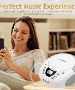 LONPOO CD Player Portable Boombox with FM Radio/USB/Bluetooth/AUX Input and Earphone Jack Output, Stereo Sound Speaker & Audio Player,White White 15 71e3XfhfjrL