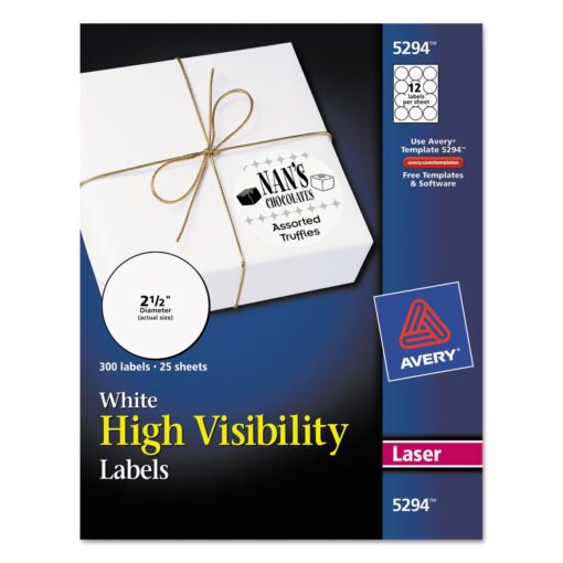 Avery High Visibility Printable Round Labels with Sure Feed, 2.5" Diameter, White, 300 Customizable Blank Labels Total (5294) 300 labels