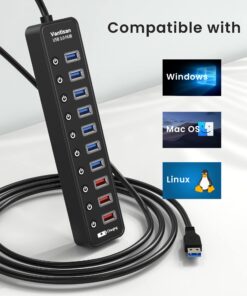 vantisan Powered USB 3.0 hub, 11-Port USB Hub Splitter Extension 7 USB 3.0 Data Ports + 4 Smart Charging Ports with Separate LED On/Off Switches and 12V/3A Power Adapter for USB Devices. black 34 71eZSPK6D1L