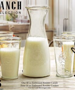 Circleware Beverage Carafe Water Pitcher with Handle and Drinking Glasses, Kitchen Glassware for Milk, Juice, Beer, Wine, Farmhouse Decor, 5 Piece Set of 1-40 oz, 4-16 oz, Ranch Rooster Set of 5 9 71edjMnUtL