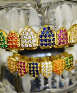 18K Gold Plated Clown Grillz Set Multi-Color CZ Bling Cubic Zirconia Top & Bottom Teeth Hip Hop Grills 7 71ehzIlxthL