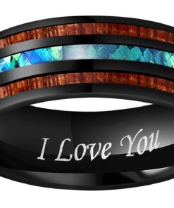 CROWNAL 4mm 8mm Rare Koa Wood/Abalone Shell/Genuine Crushed Fire Opal Inlay Tungsten Carbide Ring Men Women Wedding Band High Polished Engraved I Love You Size 7 To 17 Black 12 6 71ejZo8VS0L