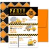 Pink Pixie Studio Deluxe Construction Dump Truck Birthday Party Invitations for Boys, 20 Double Sided Large 5 x 7 Flat Fill In Invites with Orange Envelopes, Kids Party Supplies