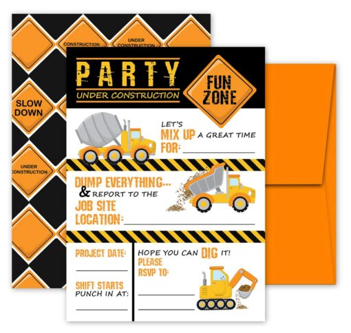 Pink Pixie Studio Deluxe Construction Dump Truck Birthday Party Invitations for Boys, 20 Double Sided Large 5 x 7 Flat Fill In Invites with Orange Envelopes, Kids Party Supplies