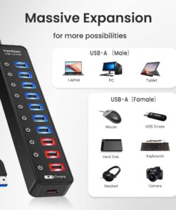 vantisan Powered USB 3.0 hub, 11-Port USB Hub Splitter Extension 7 USB 3.0 Data Ports + 4 Smart Charging Ports with Separate LED On/Off Switches and 12V/3A Power Adapter for USB Devices. black 32 71esY8MMRtL