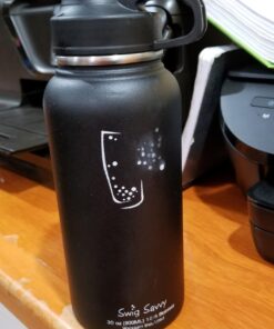 Swig Savvy Sports Water Bottle, Vacuum Insulated Stainless steel, Double Wall, Wide Mouth 2 Leakproof Lid, Travel Thermos - 30oz Black 18 71esjoeie L