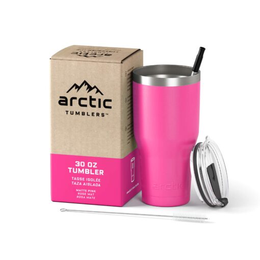 Arctic Tumblers | 30 oz Matte Pink Insulated Tumbler with Straw & Cleaner - Retains Temperature up to 24hrs - Non-Spill Splash Proof Lid, Double Wall Vacuum Technology, BPA Free & Built to Last 30 oz Tumbler Matte Pink Powder Coat