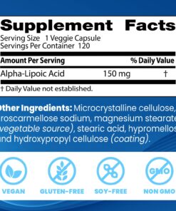 Doctor's Best Alpha-Lipoic Acid 150, Helps Support Glucose Metabolism and Regenerate Antioxidants* Non-GMO, Gluten Free, Vegan, Soy Free, 150mg, 120 Veggie Caps 120 Count (Pack of 1) 9 71ewmICYOhL