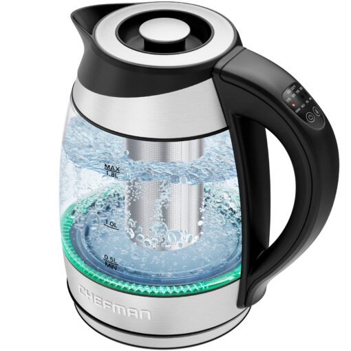 Chefman Electric Kettle with Temperature Control, 5 Presets LED Indicator Lights, Removable Tea Infuser, Glass Tea Kettle & Hot Water Boiler, 360° Swivel Base, BPA Free, Stainless Steel, 1.8 Liters 1.8L - Temperature Control