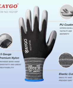 Alternative view of KAYGO Work Gloves PU Coated-12 Pairs, KG15P,Nylon Lite Polyurethane Safety Work Gloves, Gray Polyurethane Coated, Knit Wrist Cuff,Ideal for Light Duty Work (X-Large, Black) X-Large (Pack of 12)