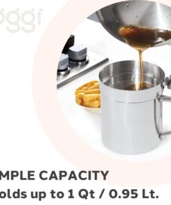 OGGI Stainless Steel Grease Container with Handle, Removable Strainer and Flip Top Lid. Perfect container for fryer oil, bacon drippings, lard and ghee oil. Can capacity - 0.25 Gall / 1 Qt / 0.95 Lt 1 Quart 11 71fCJGHI84L