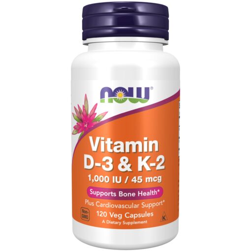 NOW Supplements, Vitamin D-3 & K-2, 1,000 IU/45 mcg, Plus Cardiovascular Support*, Supports Bone Health*, 120 Veg Capsules